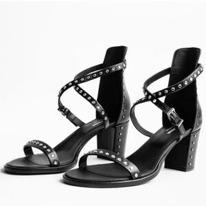 Zadig & Voltaire May Studded Black Leather Heeled Sandal Strappy Size 39